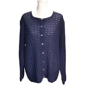 Marisa Christina Minimalist Casual Crochet Granny Summer Knit Cardigan Navy 2X